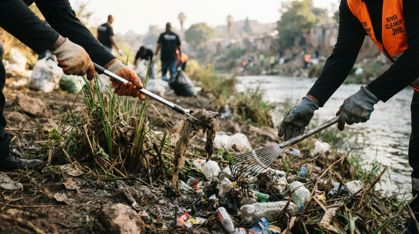 Gloved hands clearing waste from a Johannesburg riverbank
