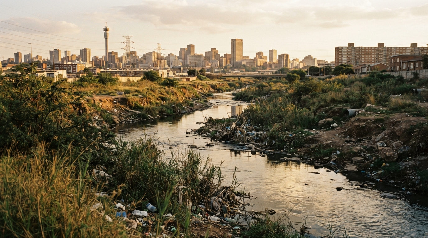 Urban Johannesburg river corridor at dawn — where the work begins