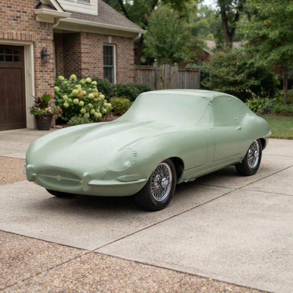 Vintage car protection wrapped in sage green shrinkwrap