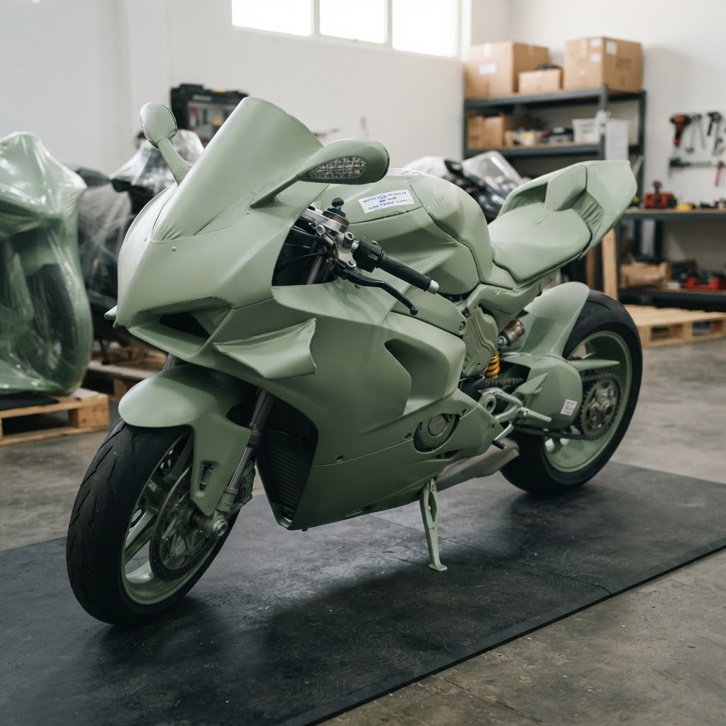 Motorcycle winter storage wrapped in sage green shrinkwrap