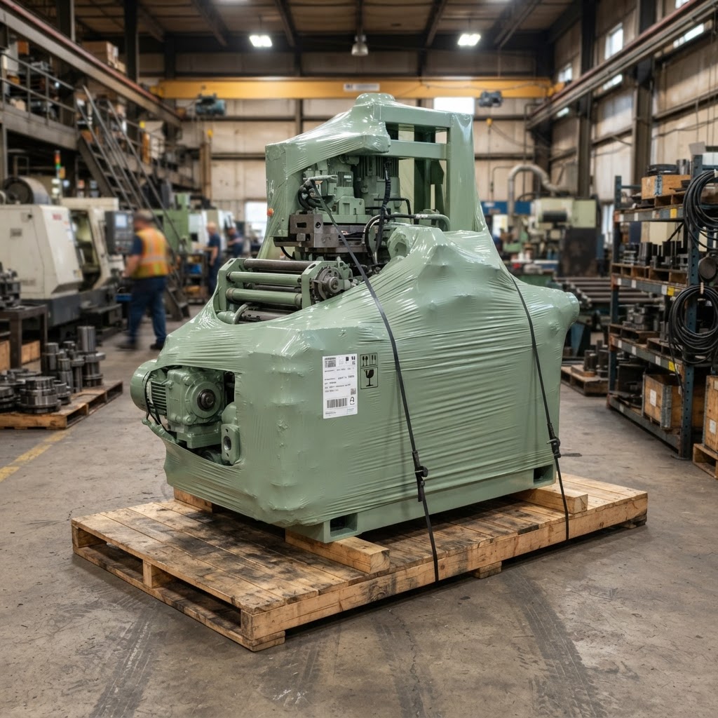 Industrial machinery wrapped in sage green film