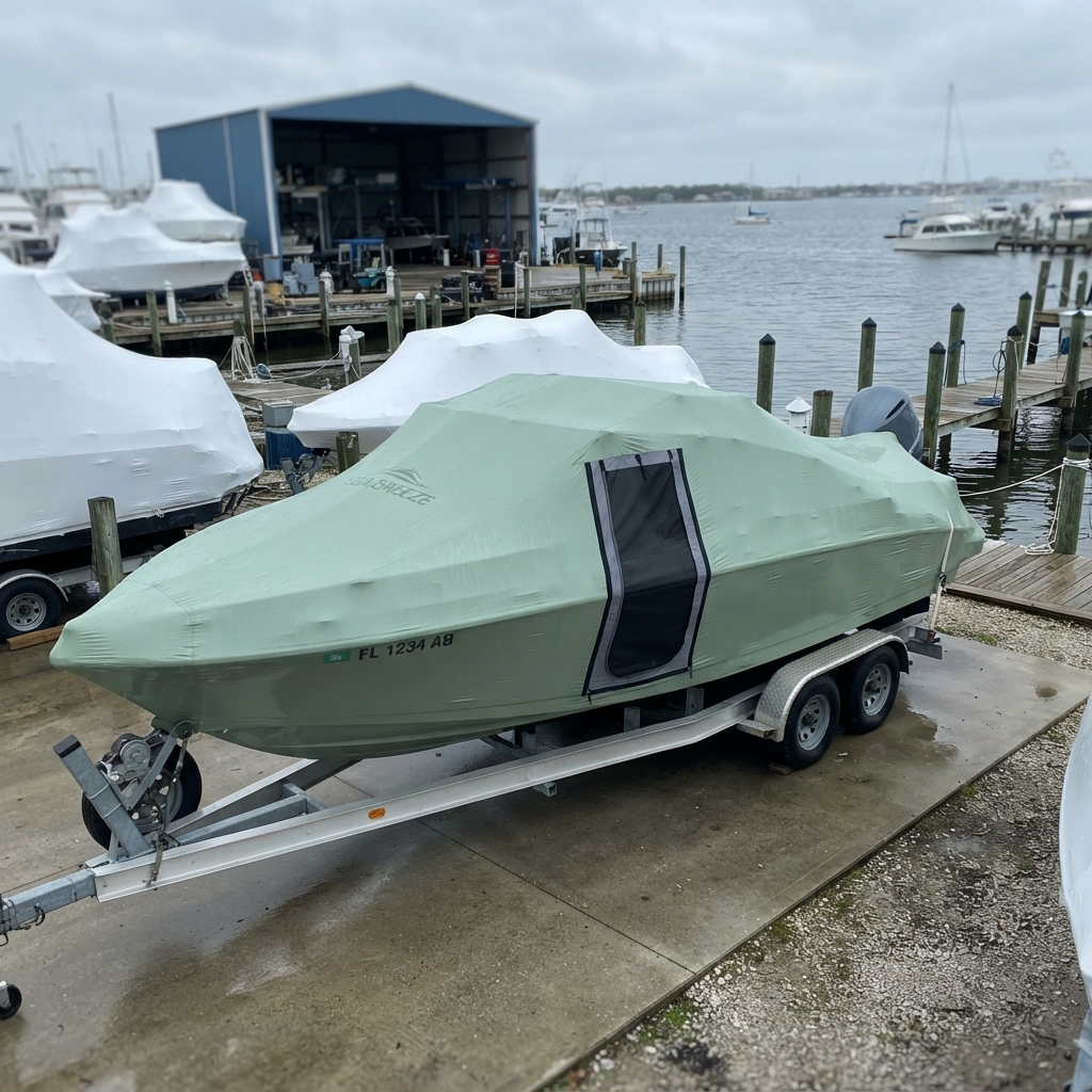 Speedboat sealed in light sage green shrinkwrap