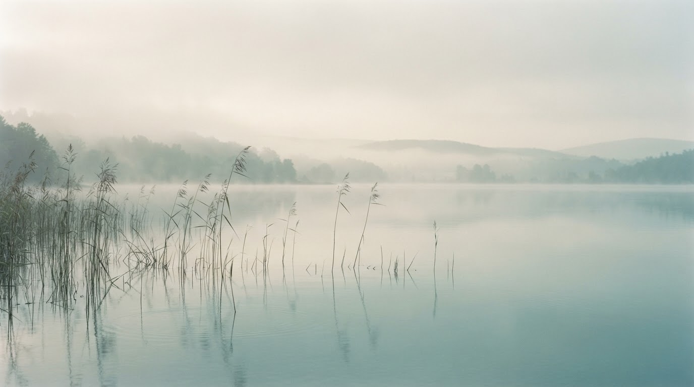 Misty calm lake at dawn — serene, meditative nature scene