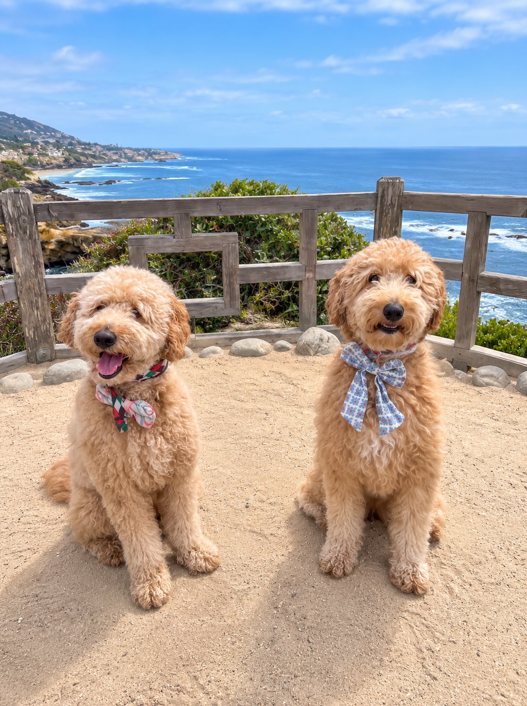Kai and Byrdie the Goldendoodles sitting together overlooking the coastal ocean