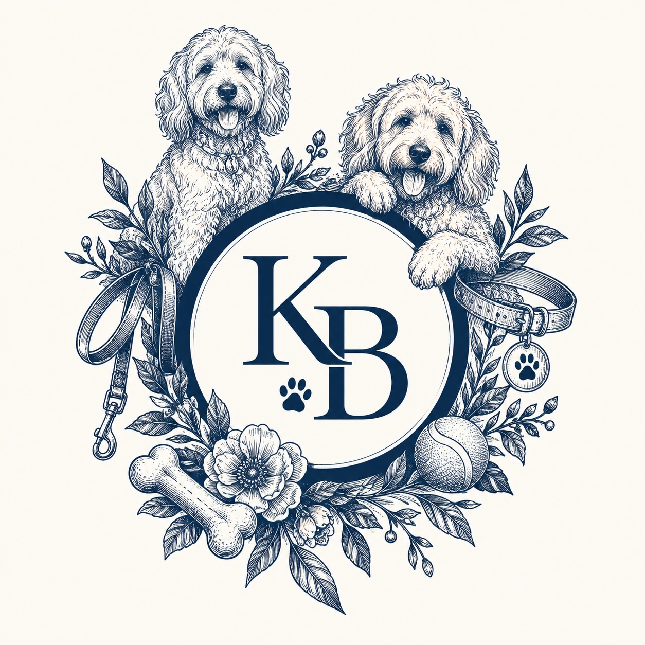Kai + Byrdie Monogram Crest with two illustrated Goldendoodles and collar