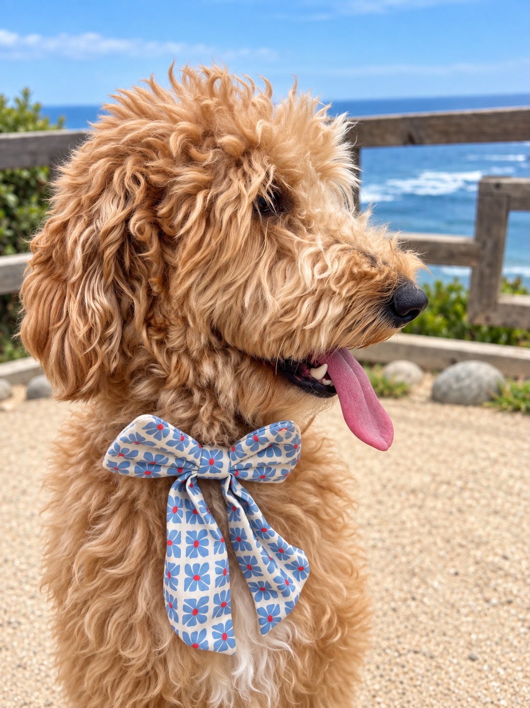 Goldendoodle wearing a blue floral bow tie