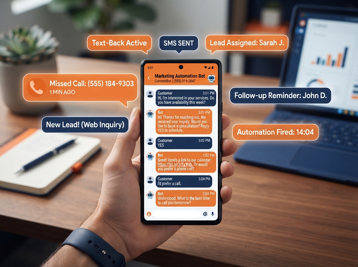 Automated SMS text-back system responding to missed calls
