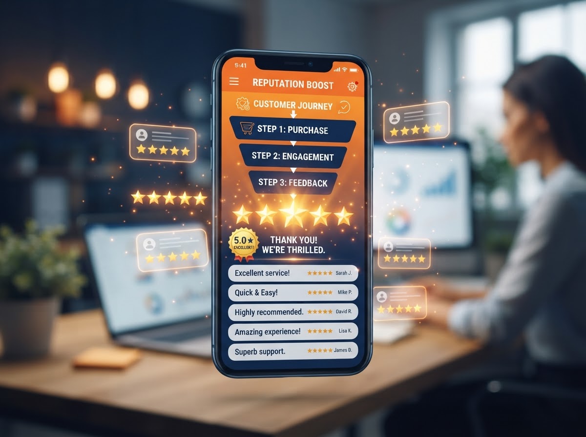 5-star review funnel showing customer reviews and gold stars
