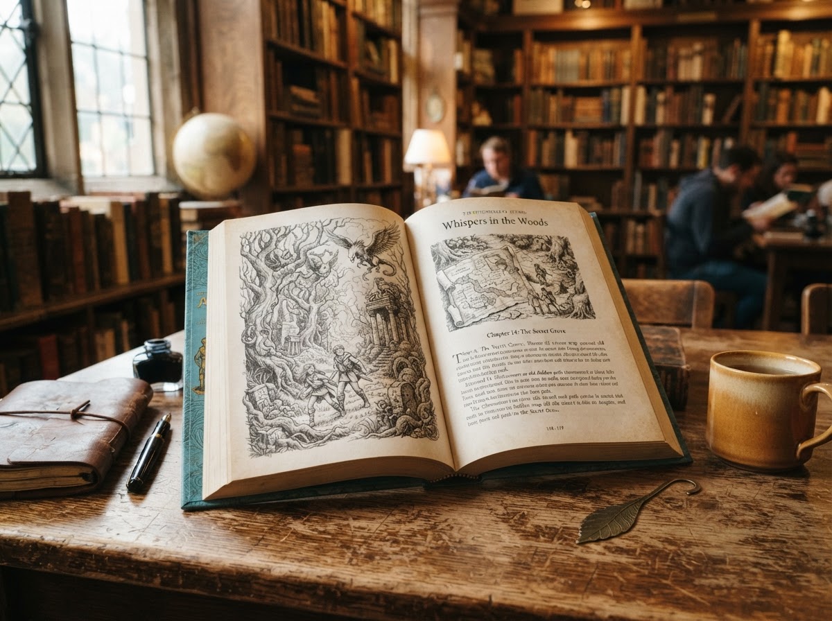 Hardcover book open on desk showing detailed pen and ink illustrations