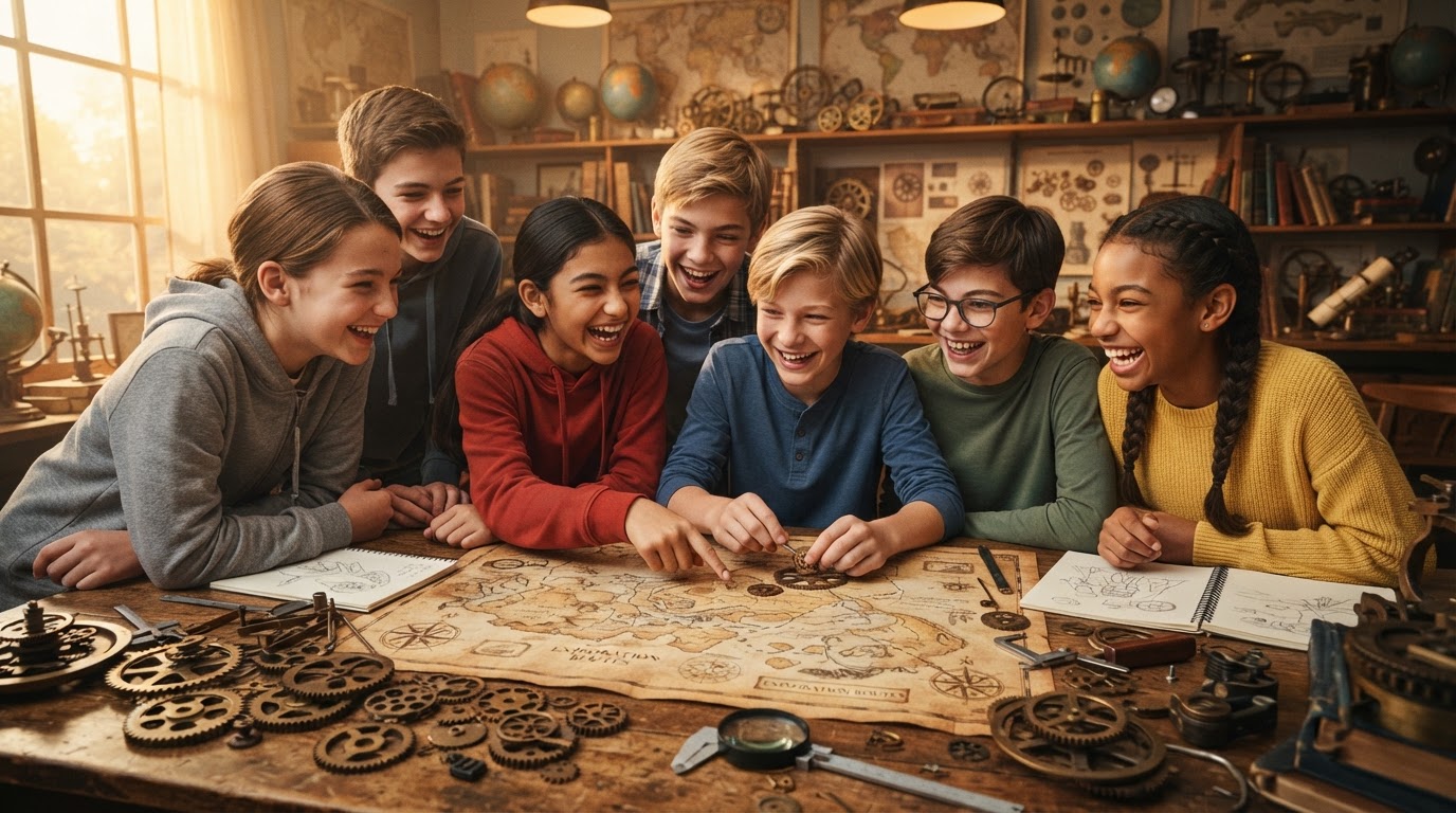 Middle school students collaborating on time travel mystery activities