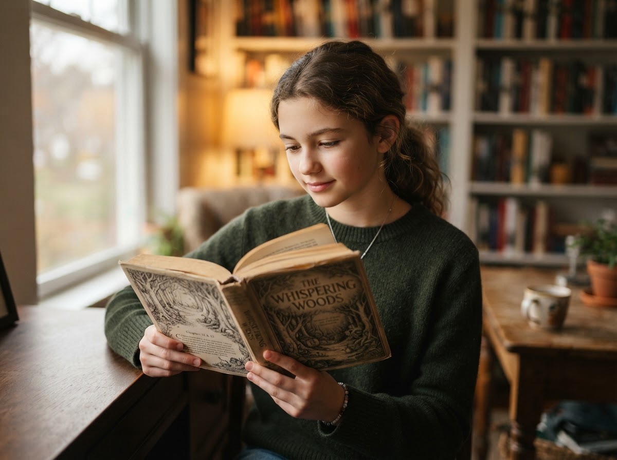 Middle school reader enjoying The Time Club book