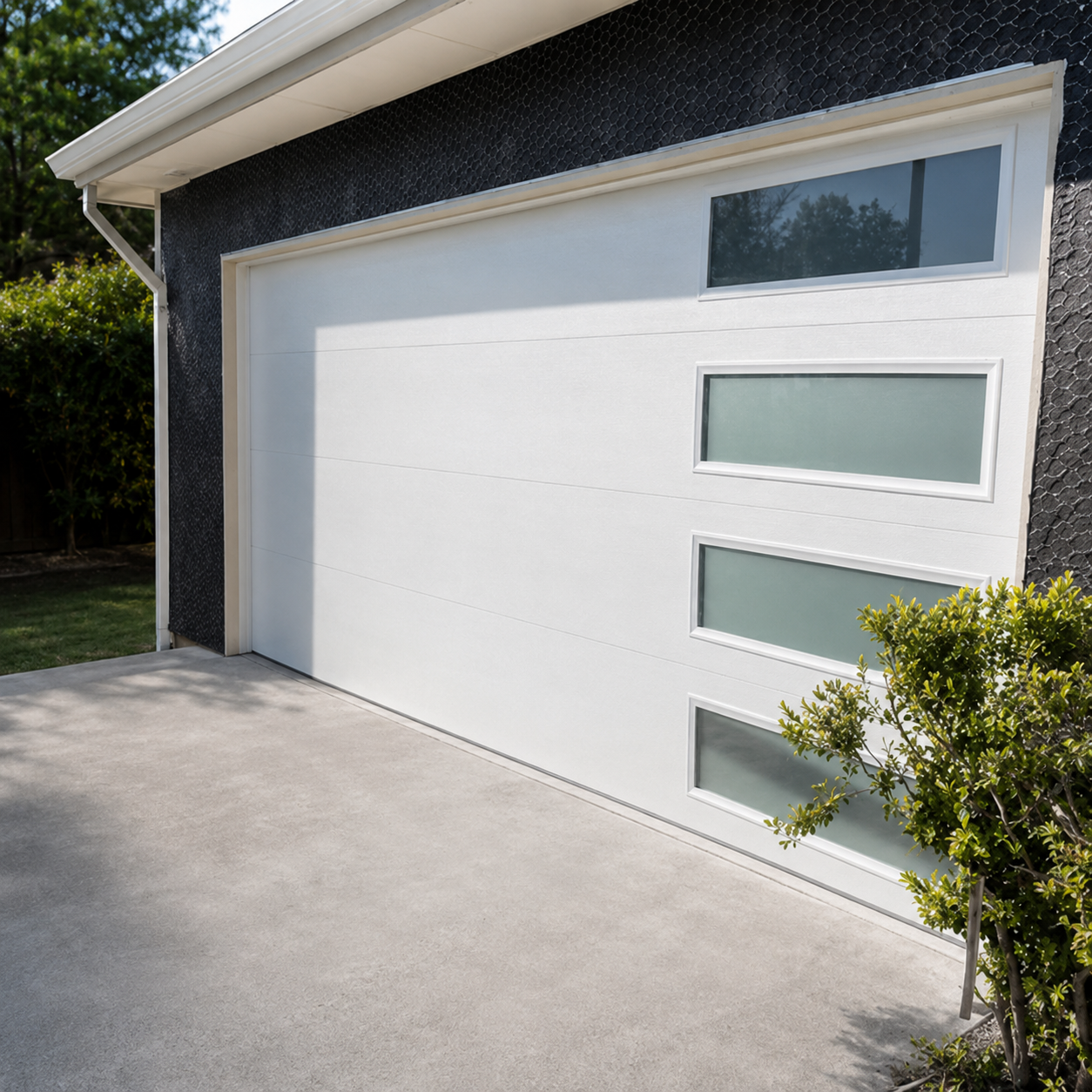 Modern black frame aluminum-and-glass garage door installed by JT Garage Doors in Mountain View