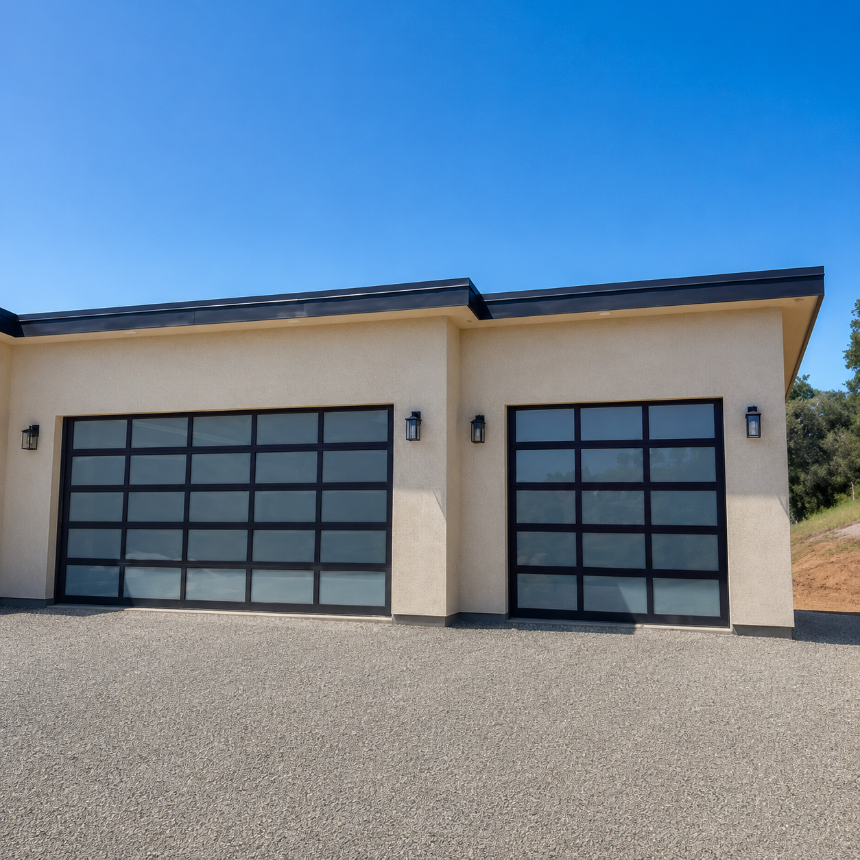 Dual bay contemporary aluminum-and-glass garage doors installed by JT Garage Doors in Cupertino
