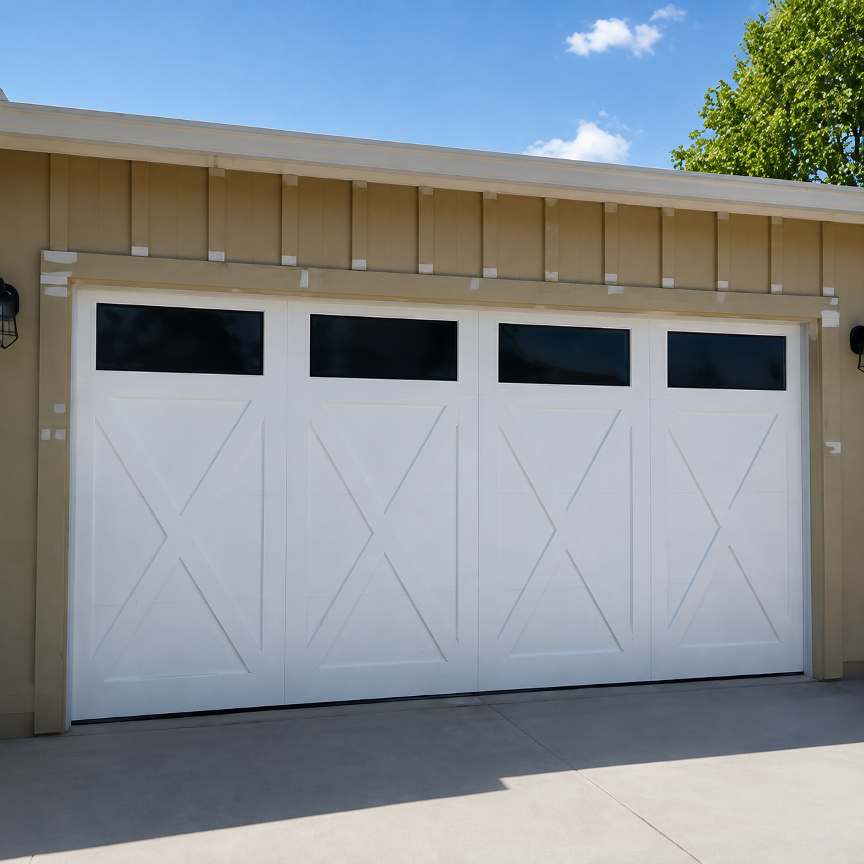Custom white X-pattern carriage-style garage door installed by JT Garage Doors in Los Gatos