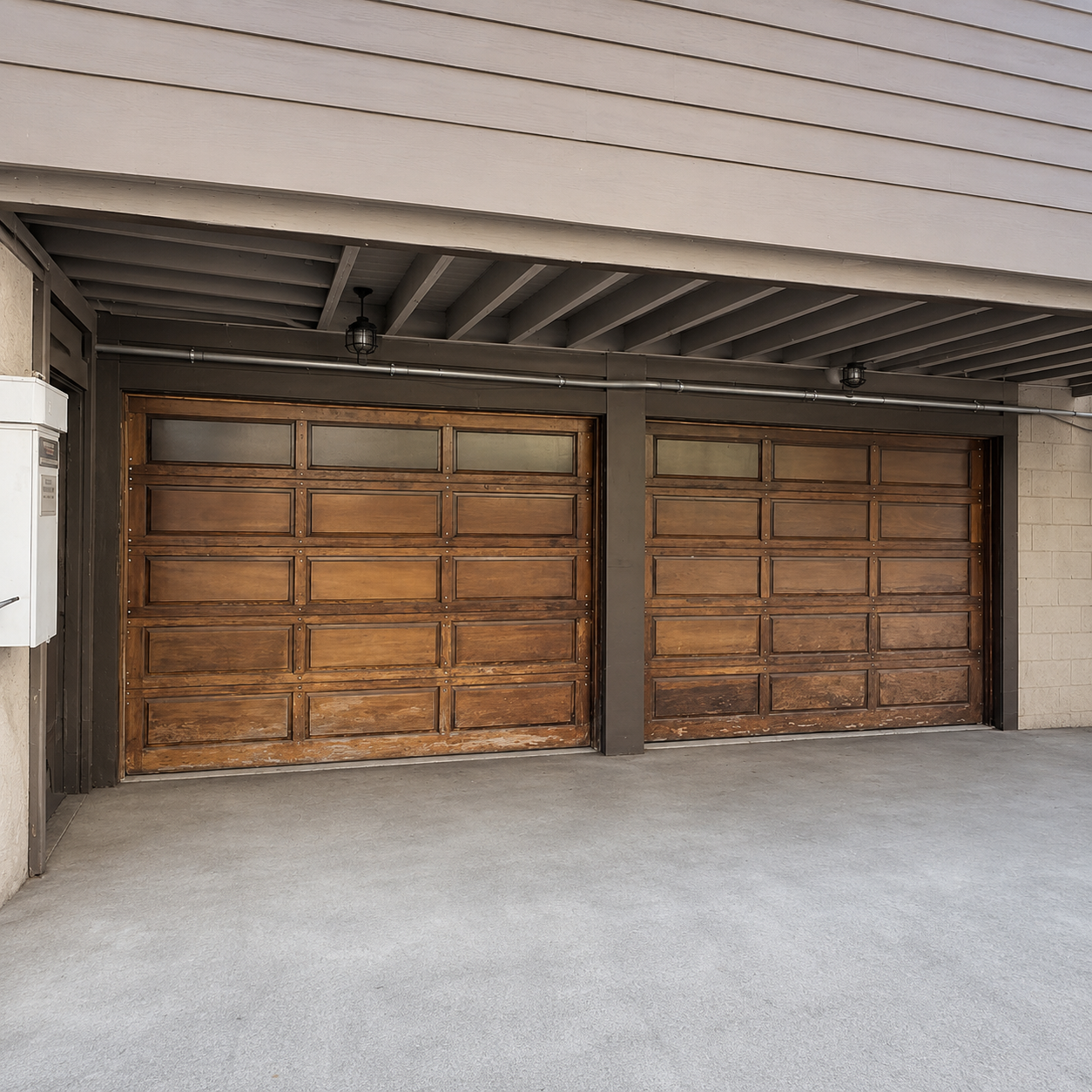 Dual bay custom stain-grade wood carriage-style garage doors installed by JT Garage Doors in Los Gatos