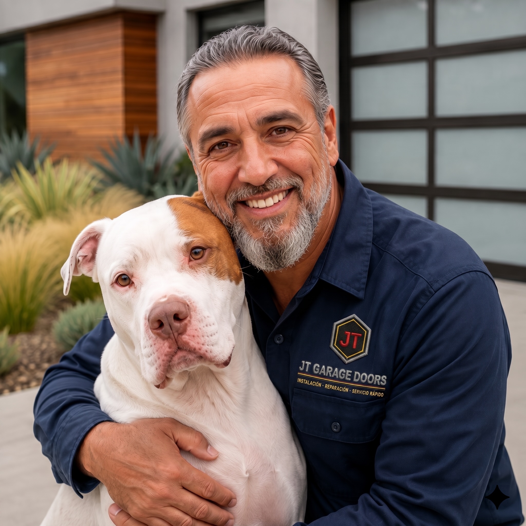 Jonathan Tellez with his shop dog