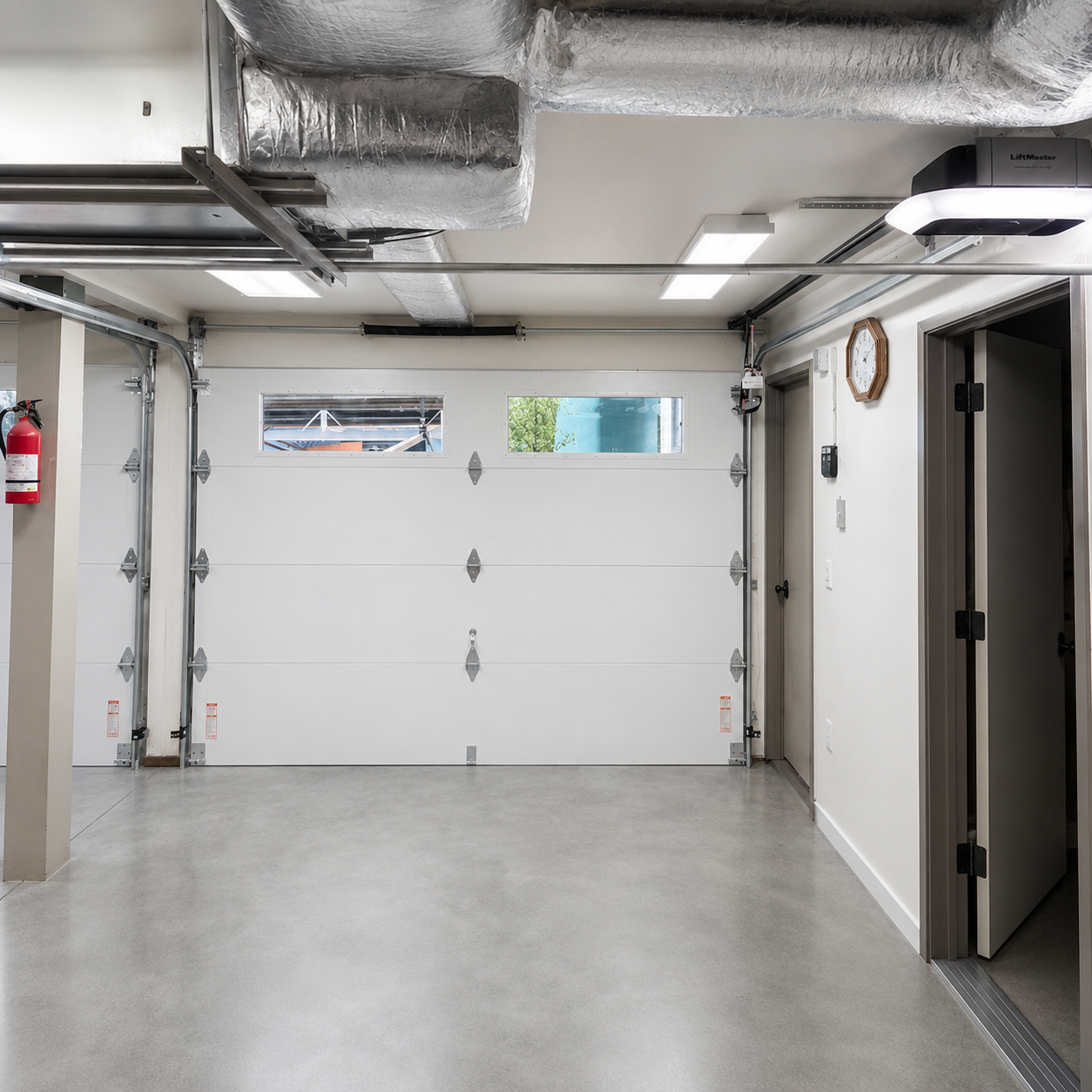 Interior view of a modern white sectional garage door installation with LiftMaster opener by JT Garage Doors in Mountain View