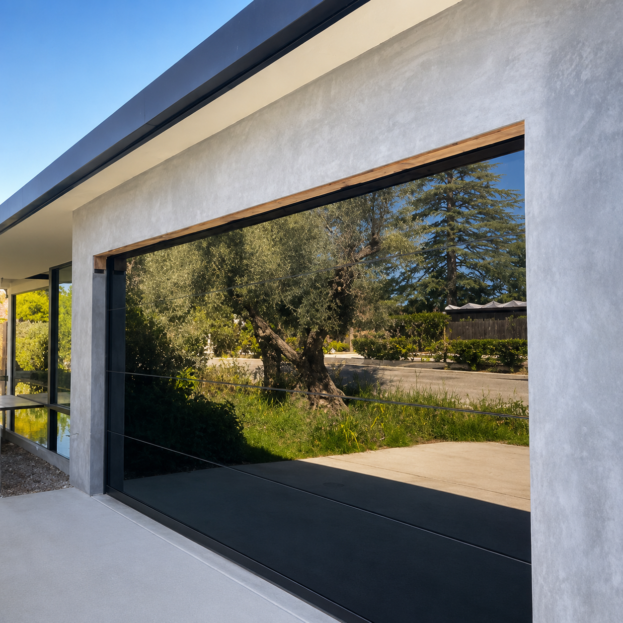 Contemporary open-view aluminum-and-glass garage door installed by JT Garage Doors in Los Altos Hills