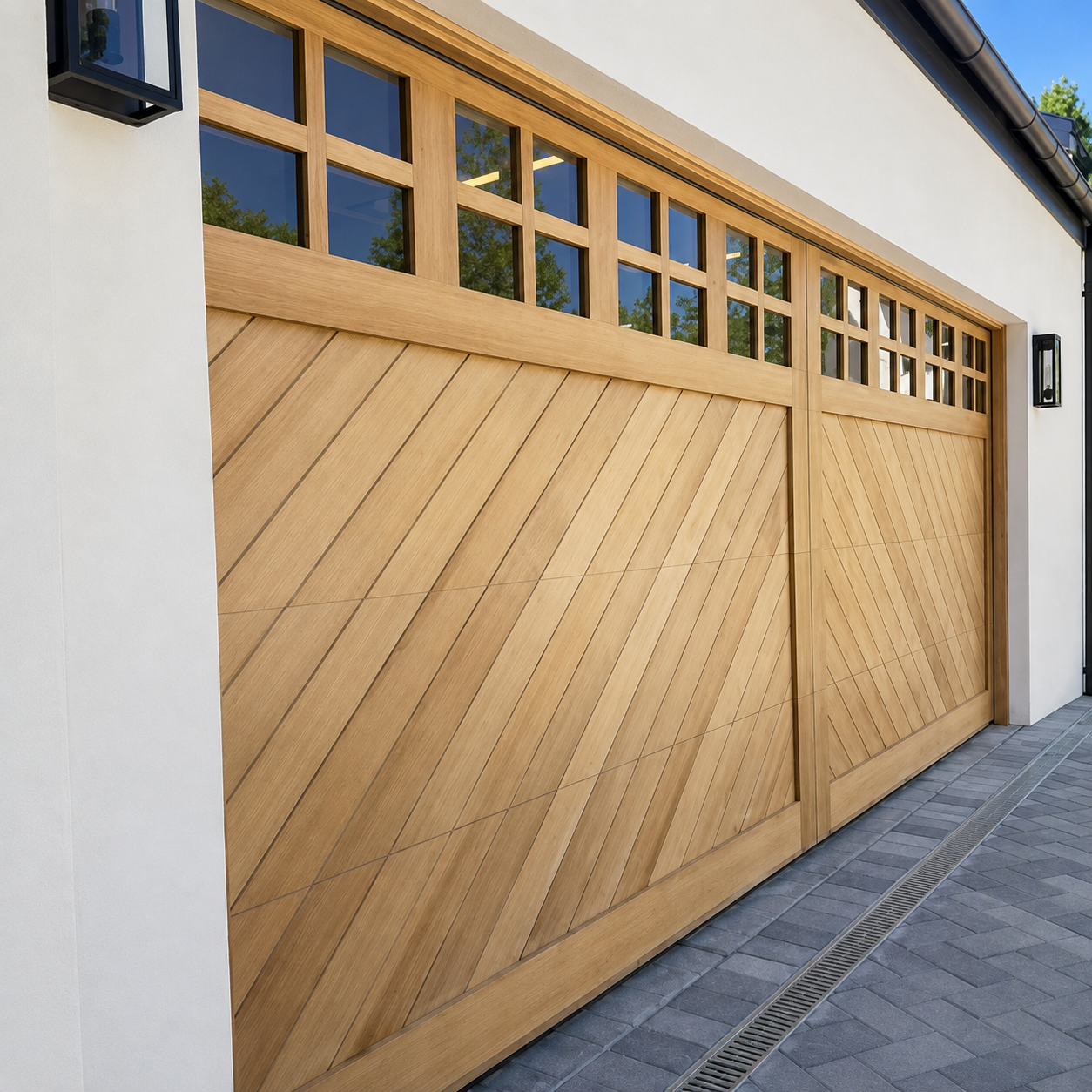 Custom stain-grade natural wood diagonal-plank sectional garage door with transom windows installed by JT Garage Doors in Palo Alto