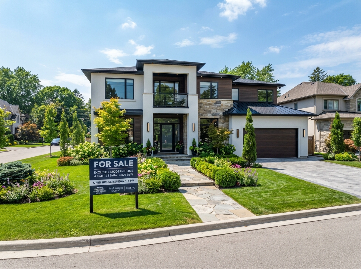 Beautiful modern home exterior with for sale sign