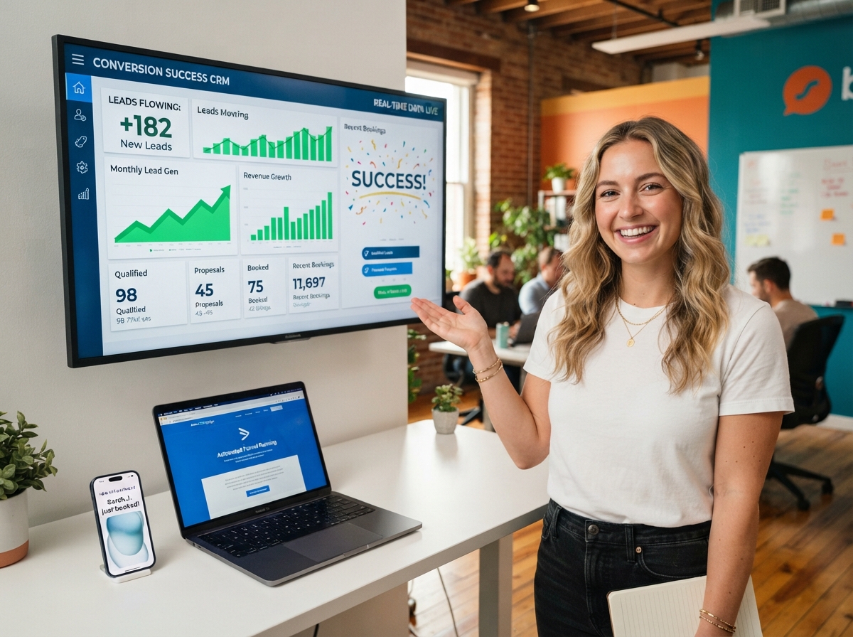 Rebel Rae with live CRM dashboard showing lead flow and measurable revenue results — Rebel Rae Revenue System Day 22-30