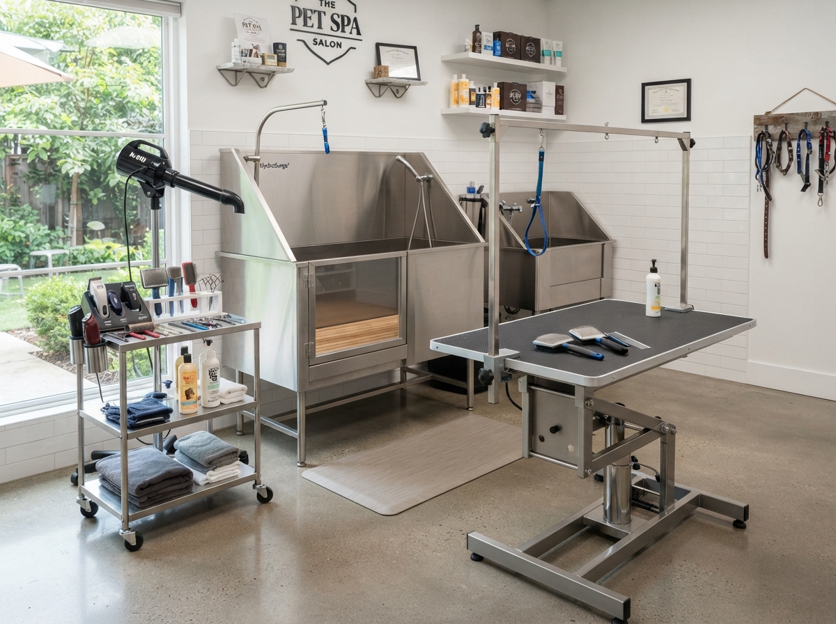 Bright modern pet grooming salon with clean equipment