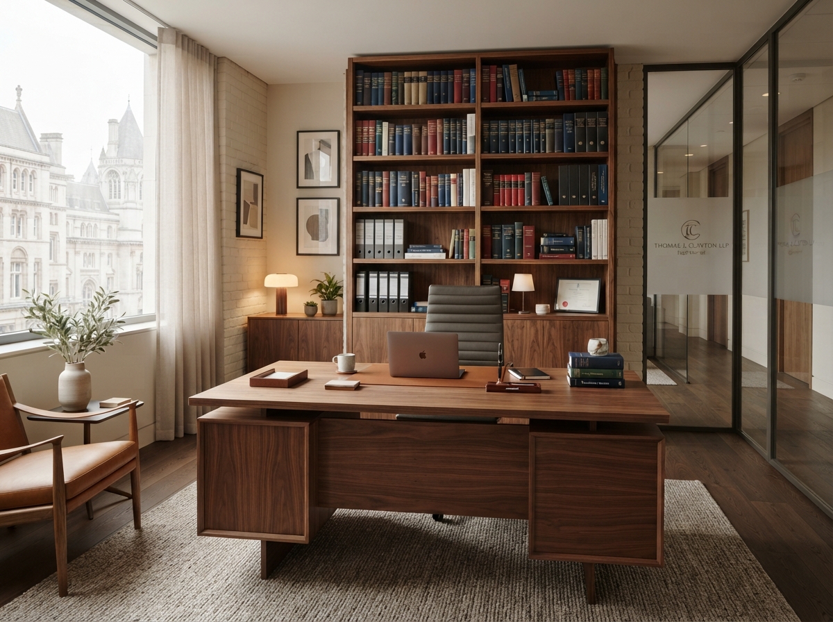 Modern boutique legal services office with warm wood desk