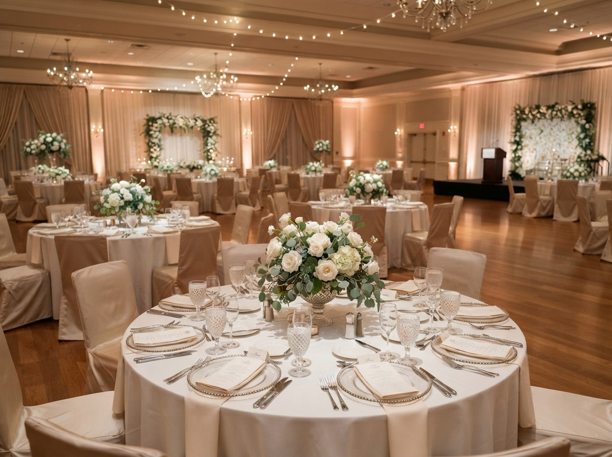 Elegantly set event venue with floral centerpieces