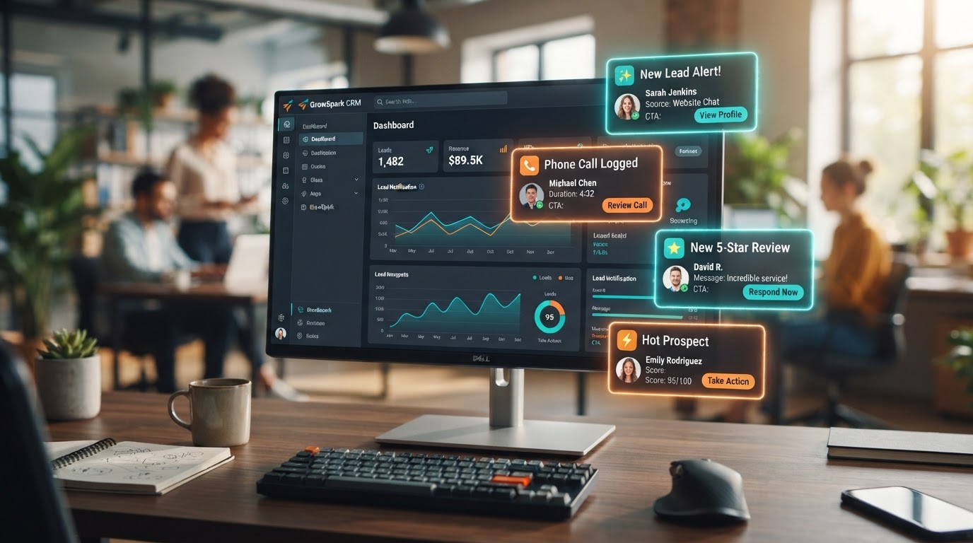 Rebel Revenue System dashboard with live lead, call, and review notifications firing in real time