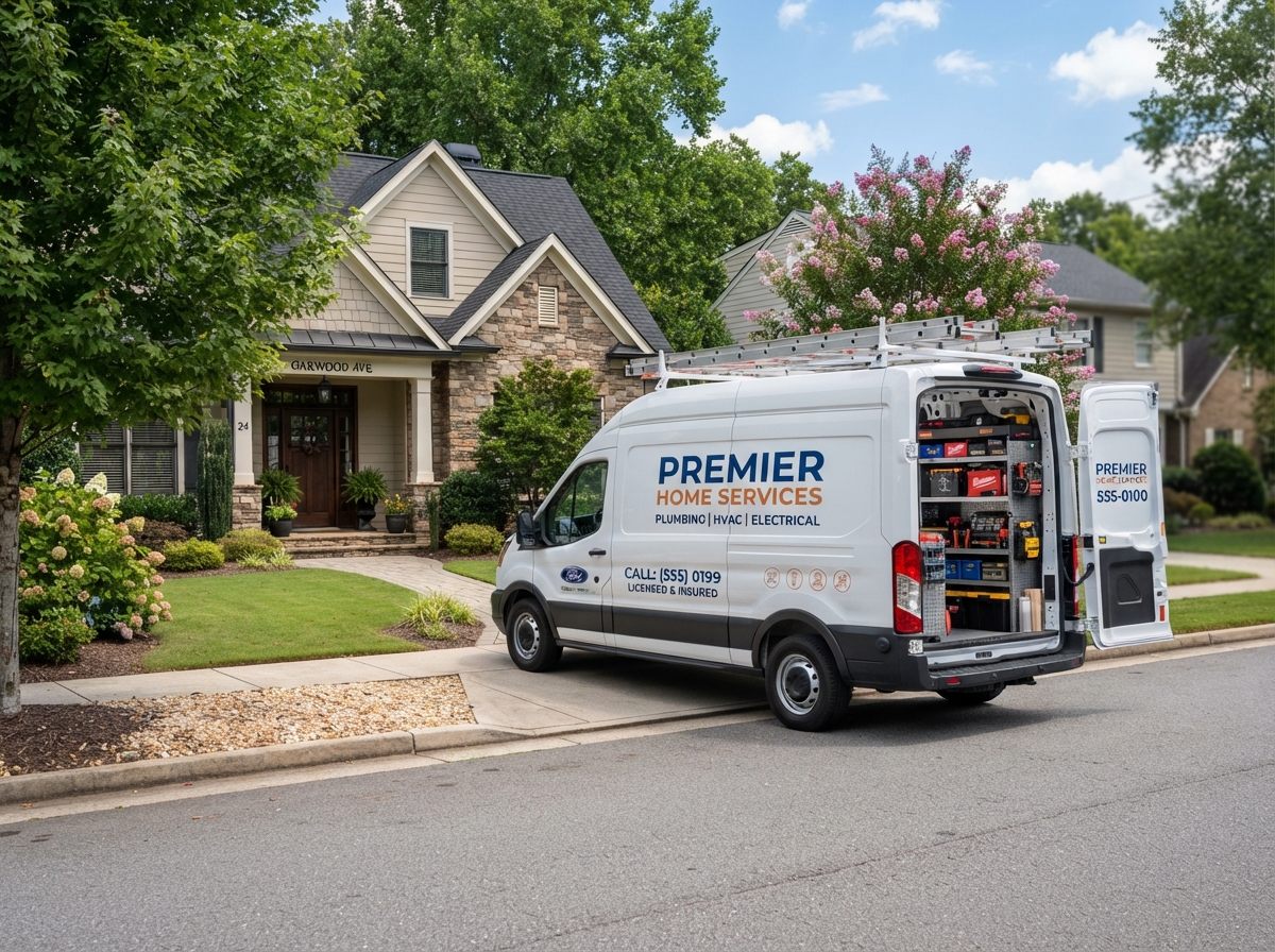 Clean contractor van parked in front of a suburban home
