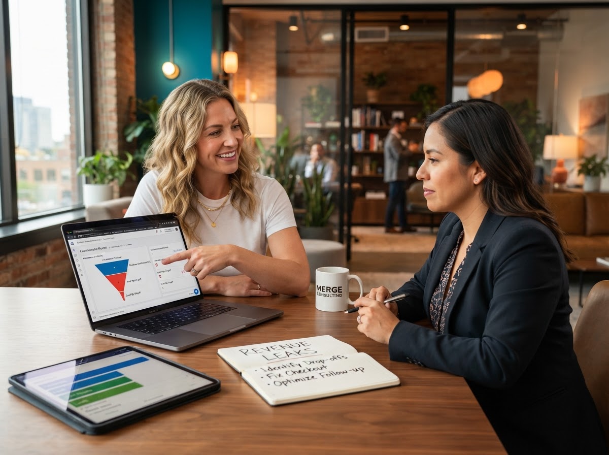 Rebel Rae consulting with client on revenue leak audit and funnel analysis — Rebel Rae Revenue System Day 1-7