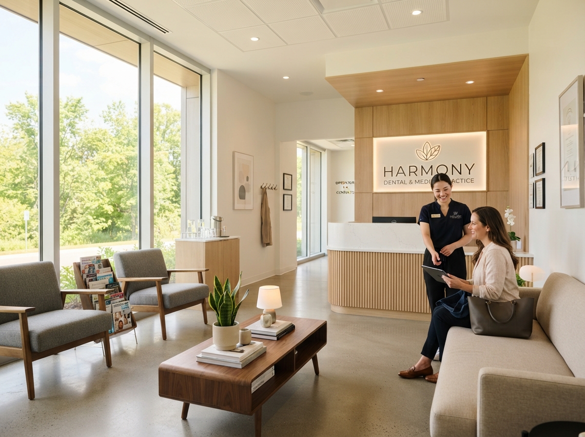 Bright modern dental and medical practice reception area with warm natural light