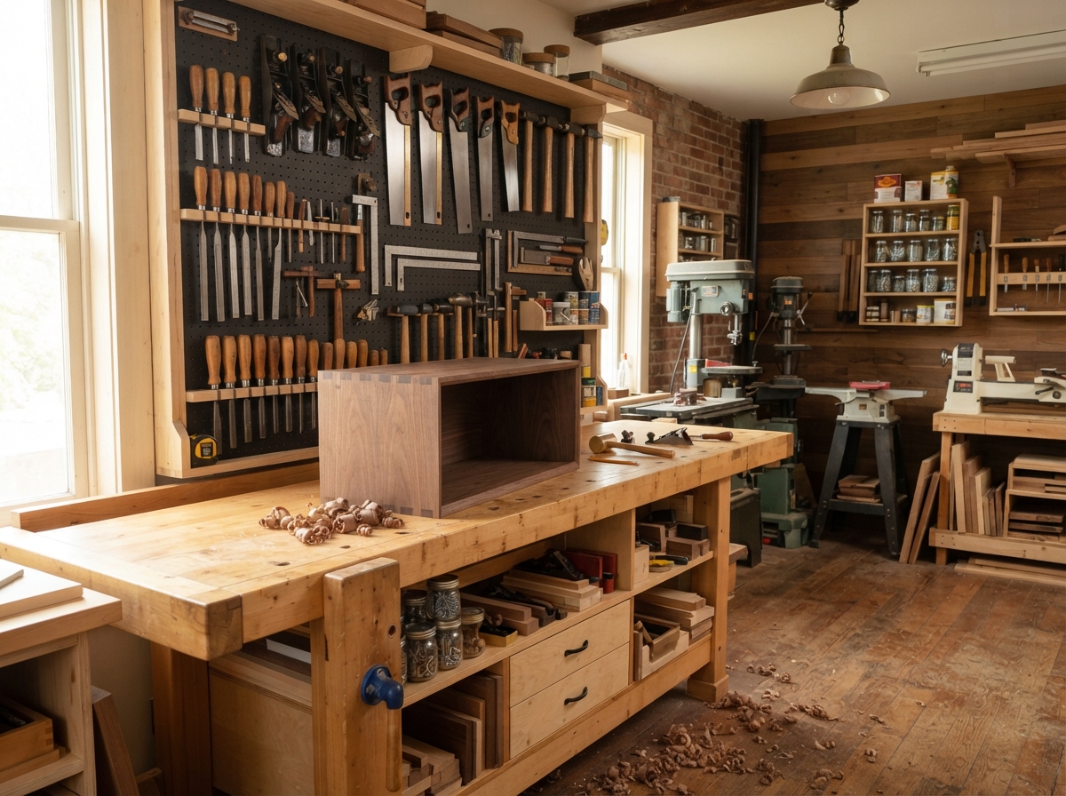 Custom craftsman workshop with neatly organized woodworking tools