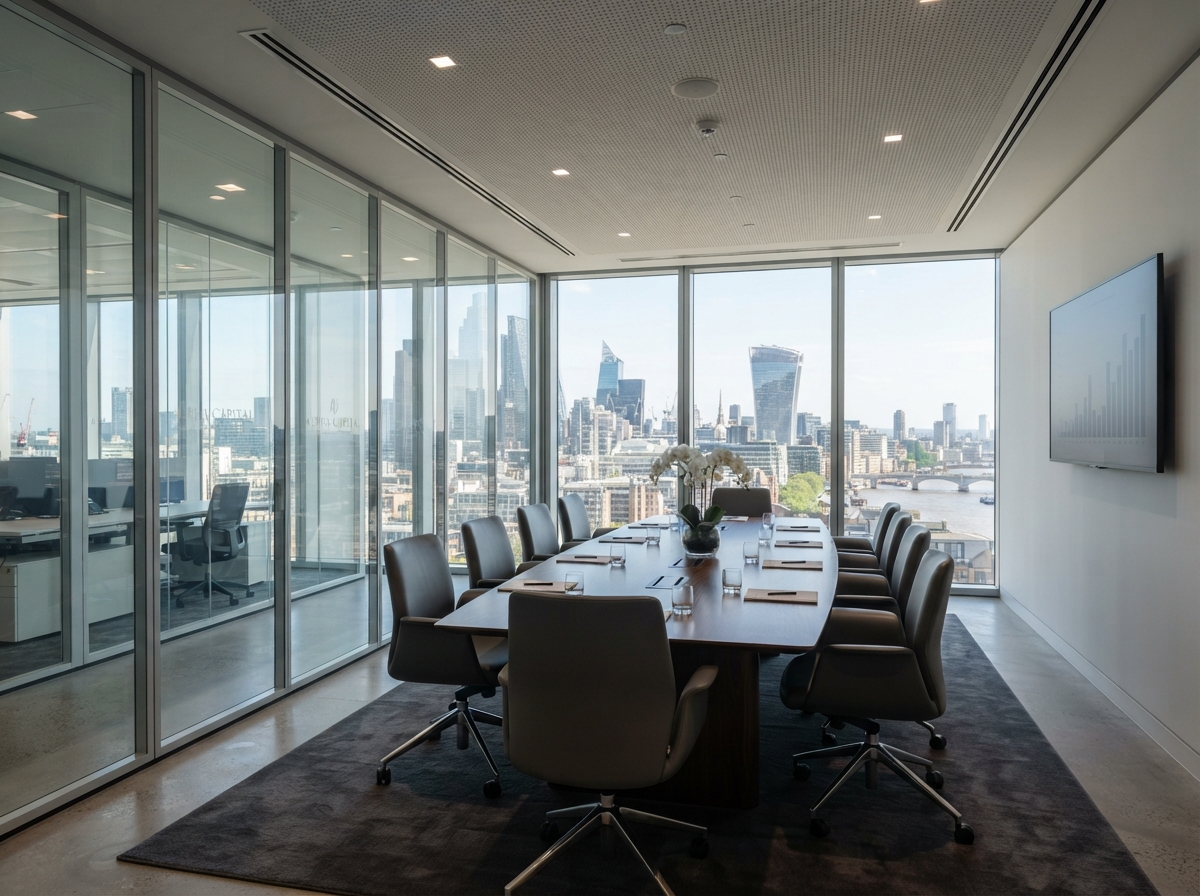 Modern financial services conference room with city view