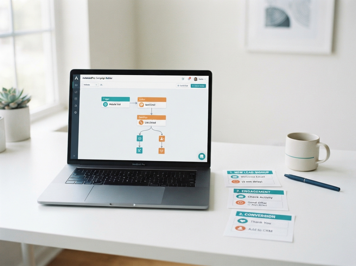 Clean marketing automation build with laptop and workflow cards — Rebel Rae Revenue System Day 8-21