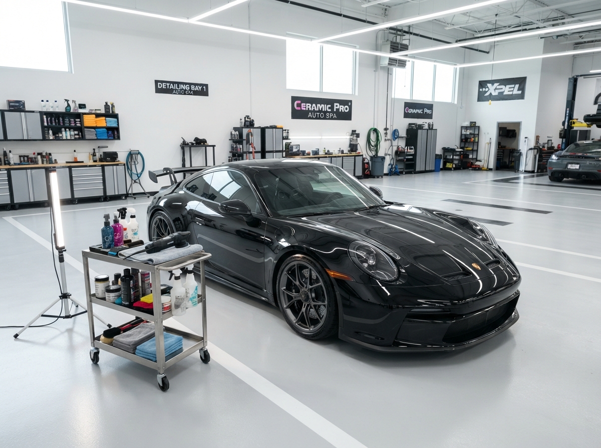 Polished luxury car being detailed in a bright garage