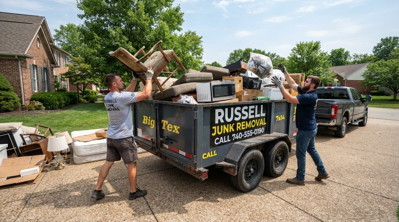 Two workers loading furniture and junk into a Russell Junk Removal Big Tex dump trailer in Fox Valley