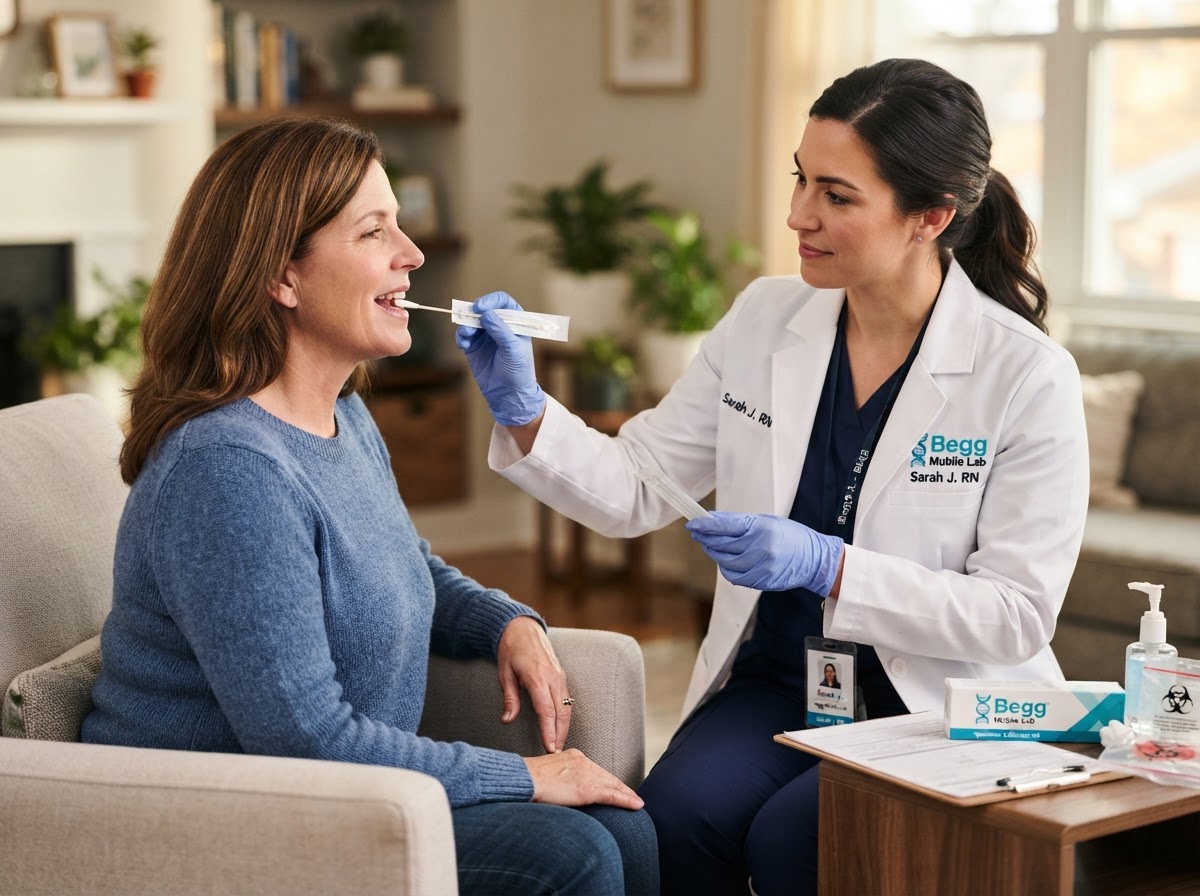 Begg Mobile Lab nurse performing professional DNA mouth swab collection at patient location