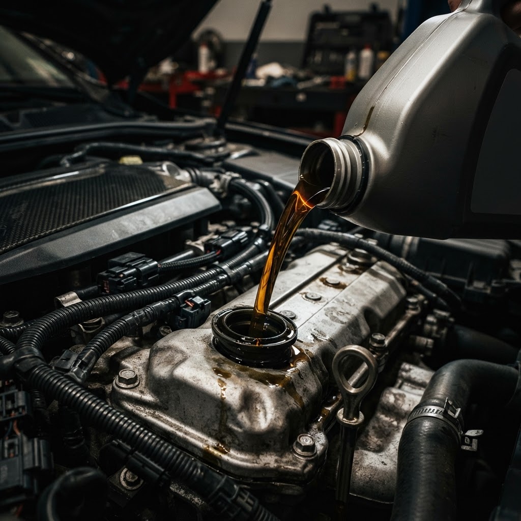 Engine oil being poured at Ethio Dynamics Auto Repair