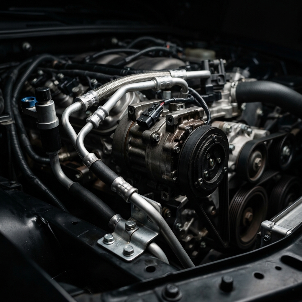 Car air conditioning compressor and A/C lines at Ethio Dynamics Auto Repair