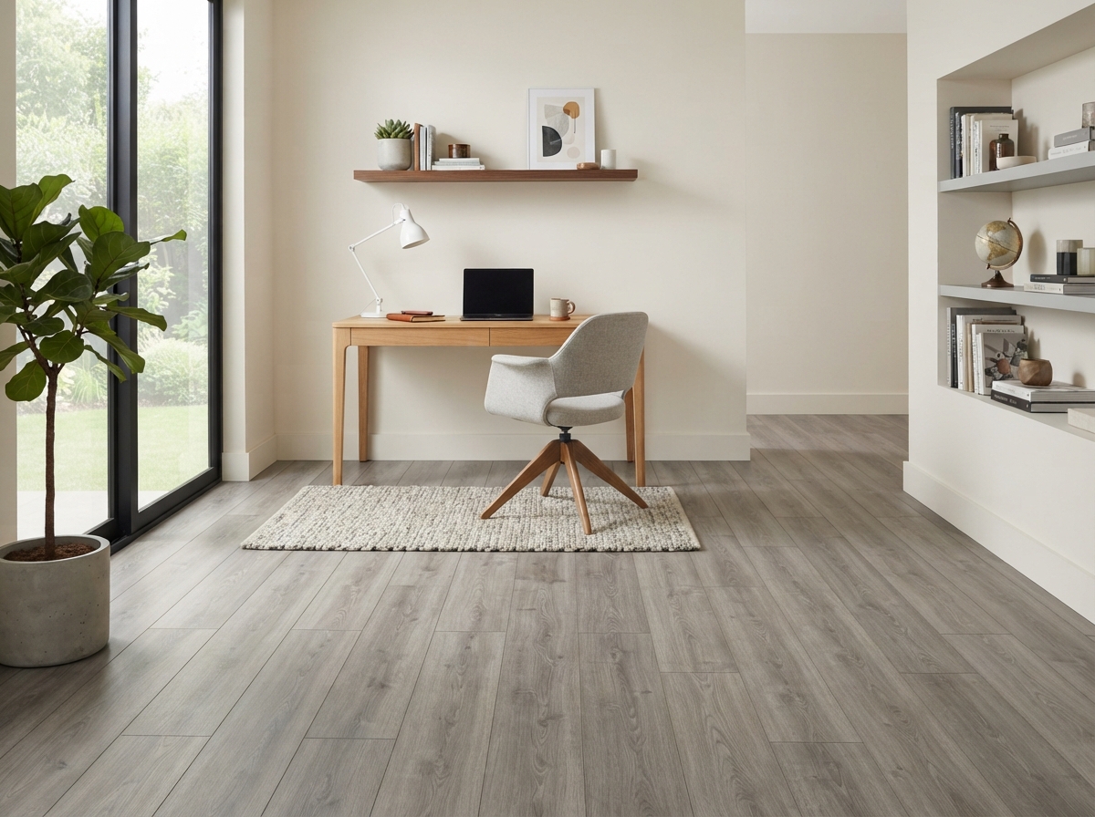 Modern neutral gray-wash luxury vinyl plank flooring in a home office