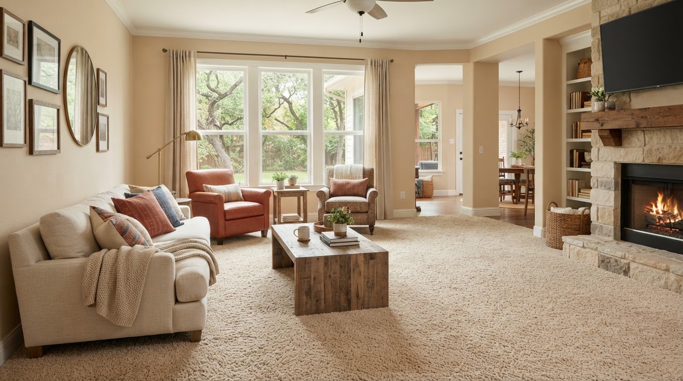 Beautiful carpet flooring in a comfortable East Texas living room