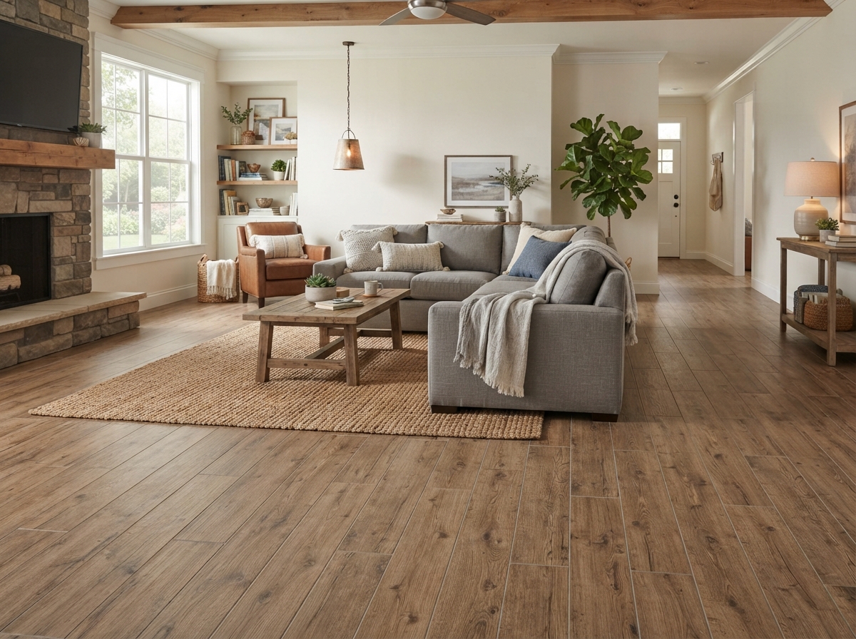 Wood-look tile flooring in an East Texas living room
