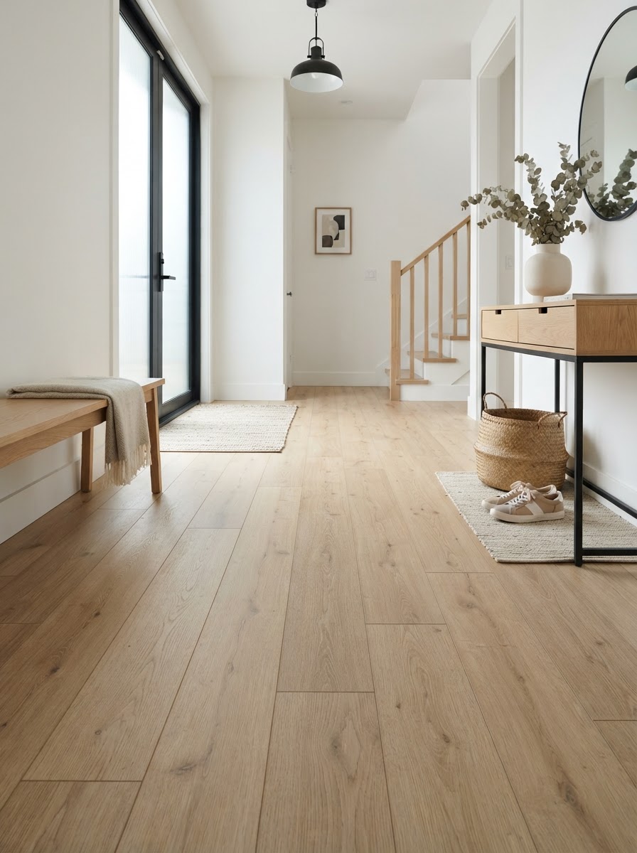 Wide plank luxury vinyl plank flooring in a modern home entryway