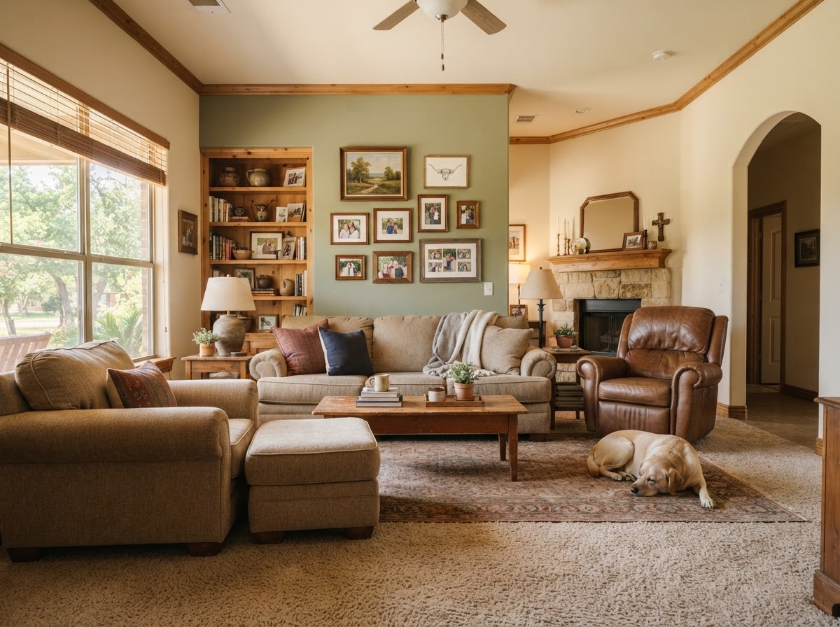 Soft carpet flooring in a comfortable East Texas family room