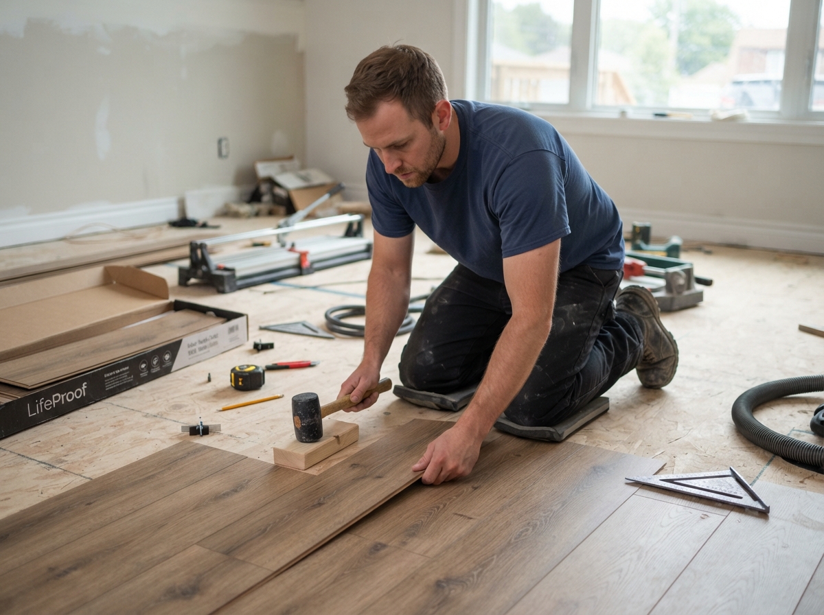 Professional flooring installer working carefully in an East Texas home