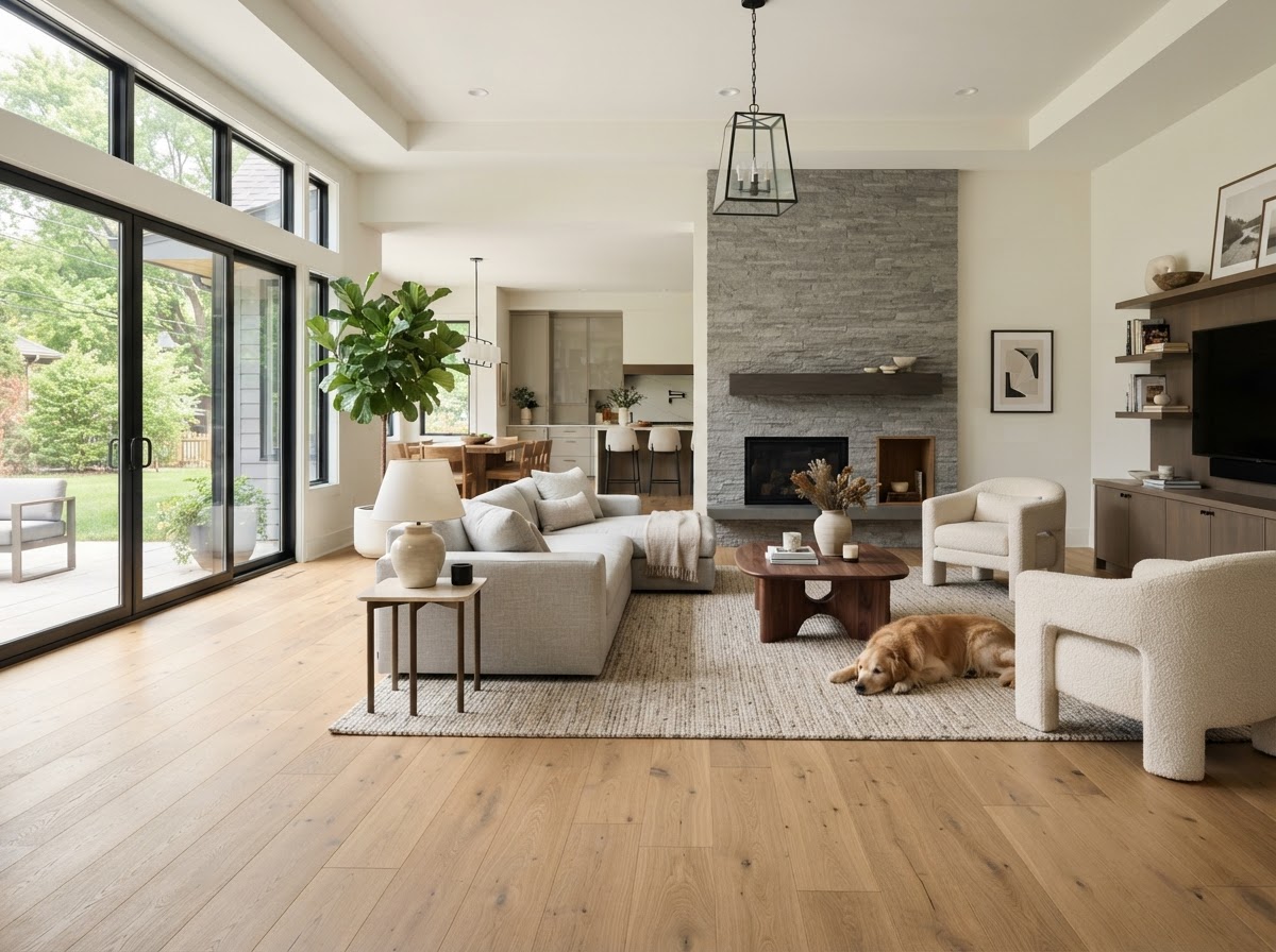 Modern wide plank hardwood flooring in a contemporary home