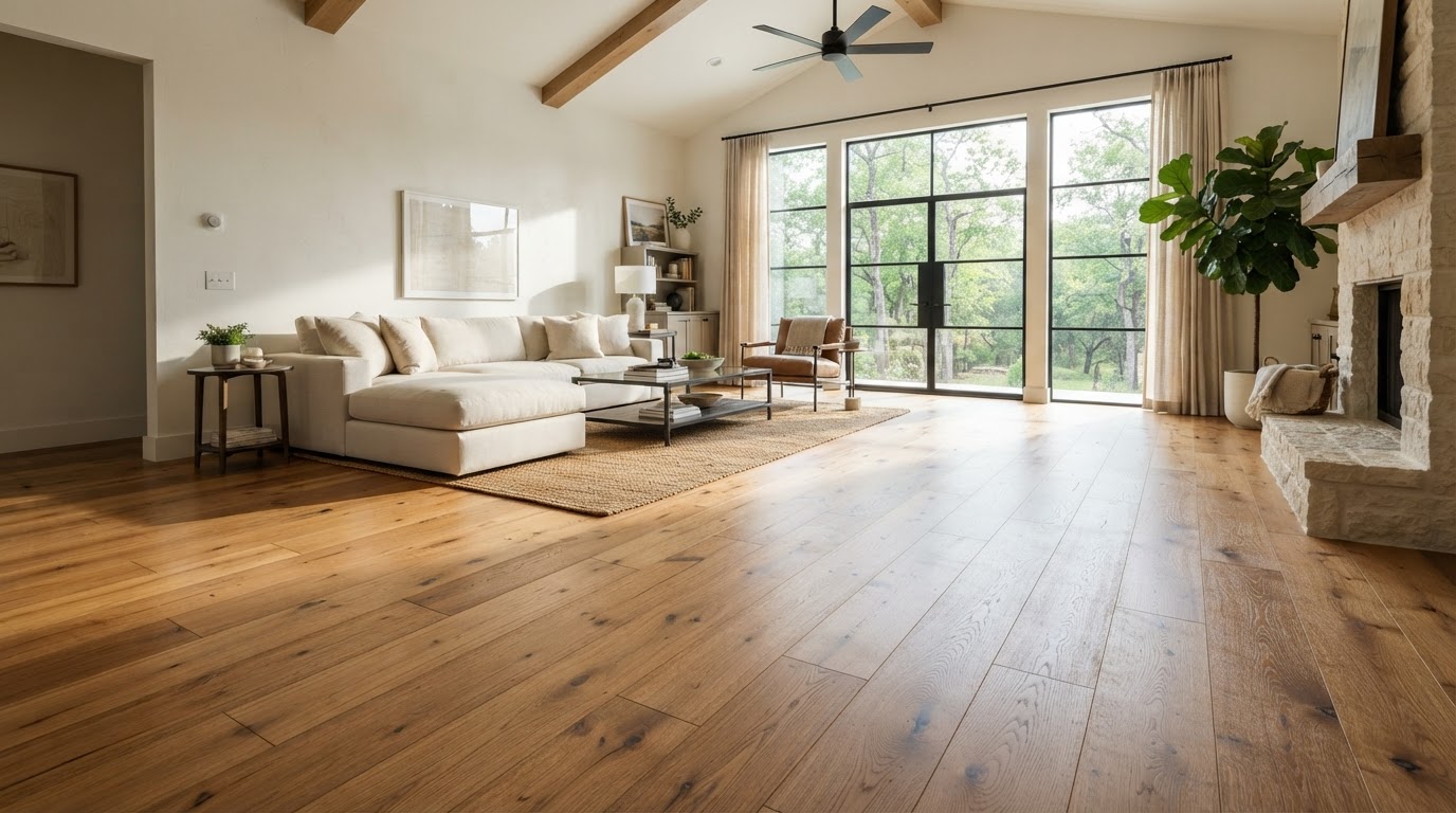 Warm natural hardwood flooring in a bright East Texas living room