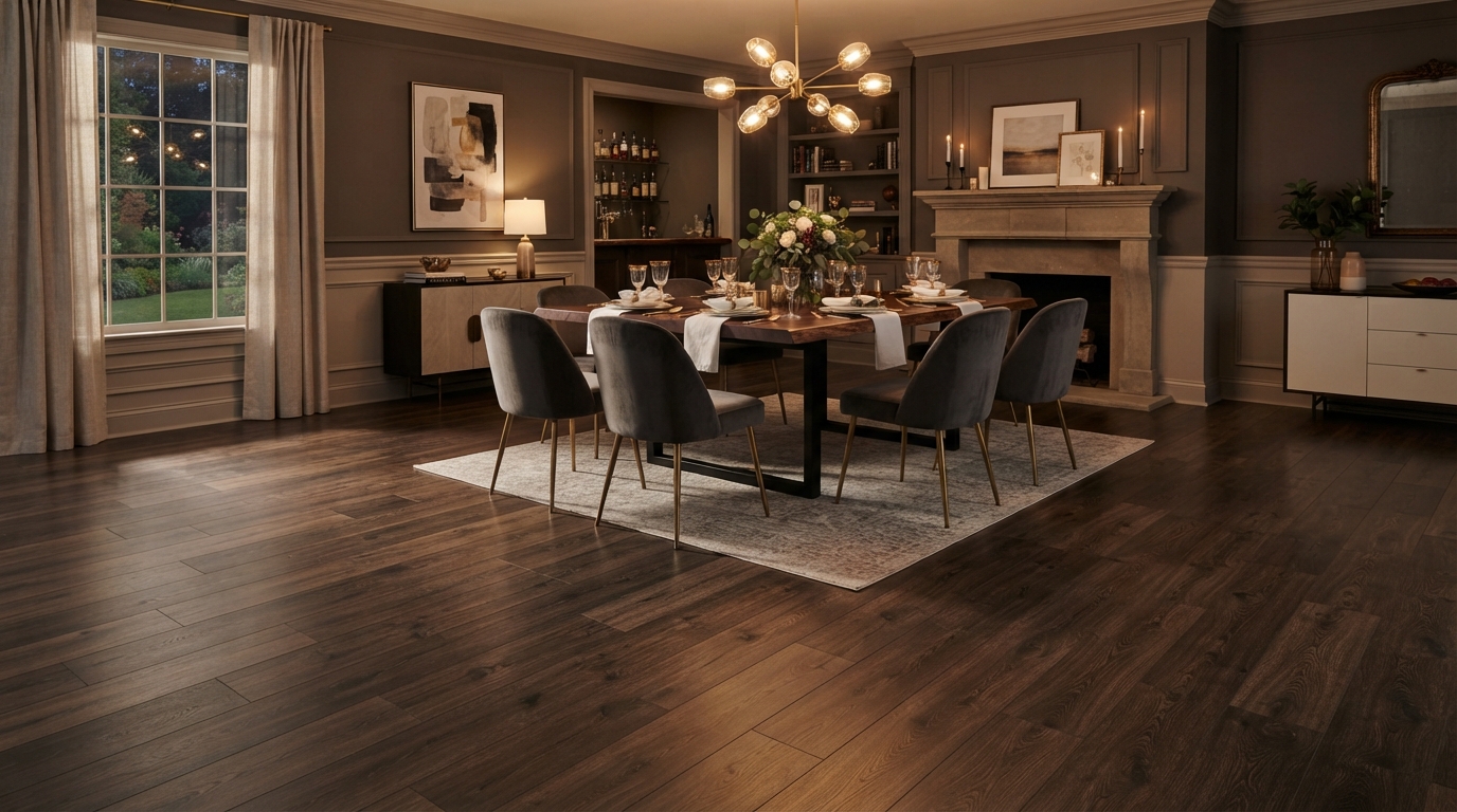 Rich dark brown wide plank LVP flooring in an elegant dining room