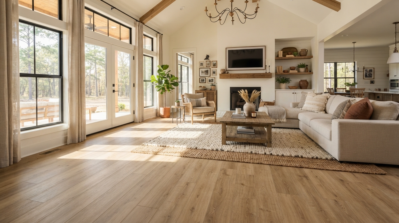 Beautiful luxury vinyl plank flooring in a spacious East Texas living room